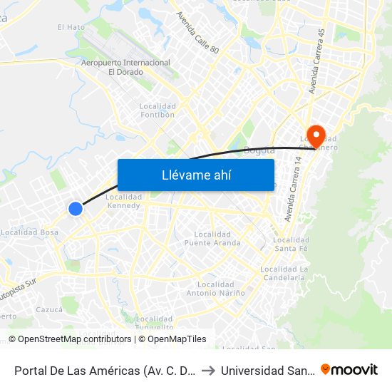 Portal De Las Américas (Av. C. De Cali - Av. V/Cio) to Universidad Santo Tomás map