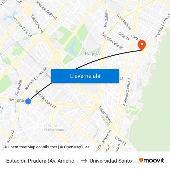 Estación Pradera (Av. Américas - Kr 65) to Universidad Santo Tomás map