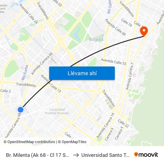 Br. Milenta (Ak 68 - Cl 17 Sur) (B) to Universidad Santo Tomás map