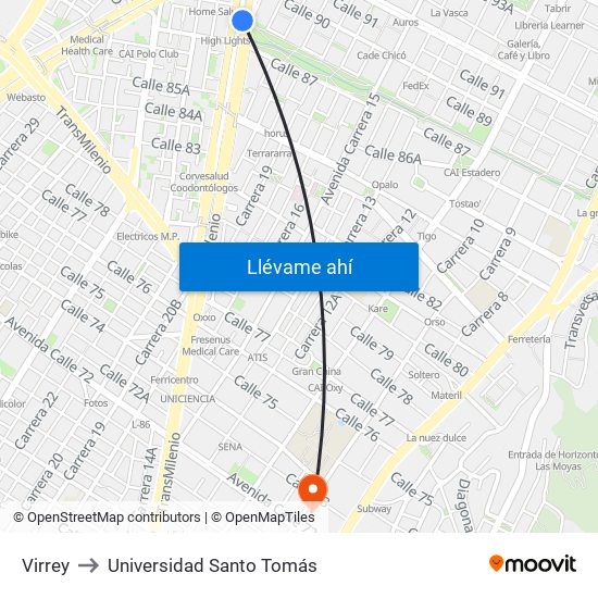 Virrey to Universidad Santo Tomás map