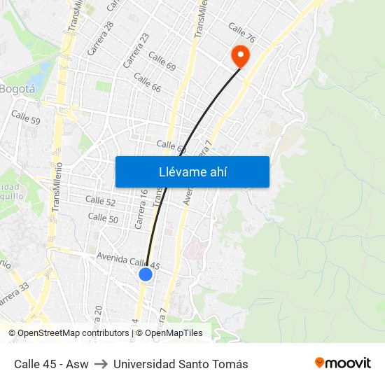 Calle 45 - Asw to Universidad Santo Tomás map
