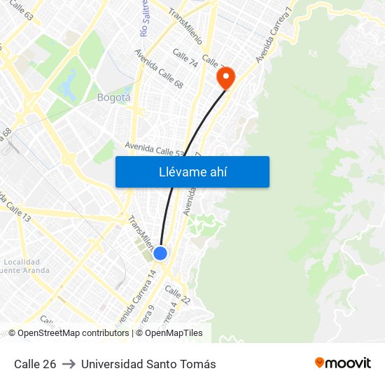 Calle 26 to Universidad Santo Tomás map