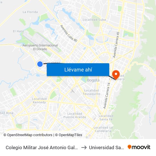 Colegio Militar José Antonio Galán (Cl 17 - Kr 103b) to Universidad Santo Tomás map