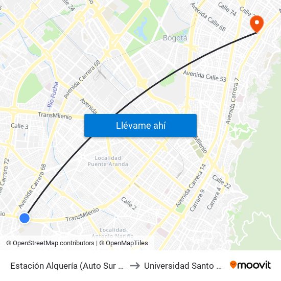 Estación Alquería (Auto Sur - Kr 51f) to Universidad Santo Tomás map