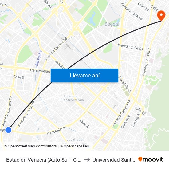 Estación Venecia (Auto Sur - Cl 44 Bis A Sur) to Universidad Santo Tomás map