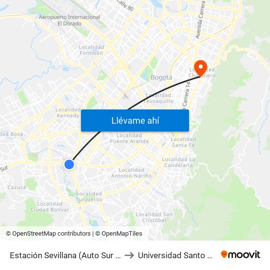 Estación Sevillana (Auto Sur - Kr 57) to Universidad Santo Tomás map