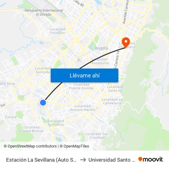 Estación La Sevillana (Auto Sur - Kr 60) to Universidad Santo Tomás map