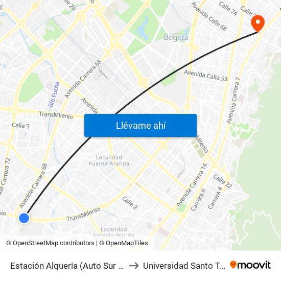 Estación Alquería (Auto Sur - Kr 51) to Universidad Santo Tomás map