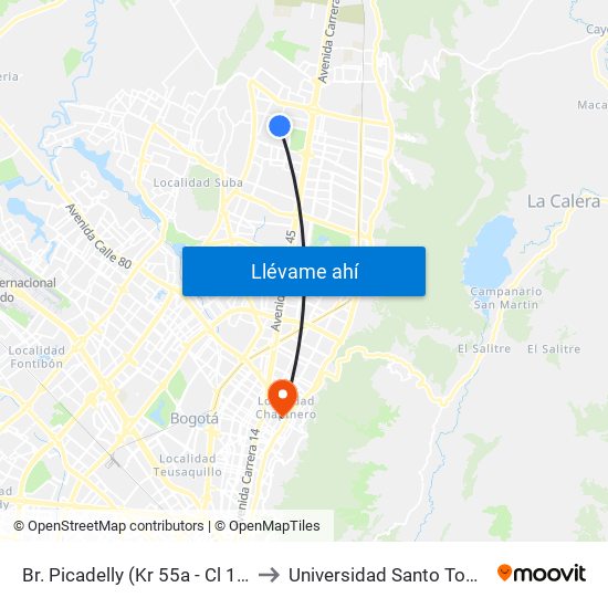 Br. Picadelly (Kr 55a - Cl 163) to Universidad Santo Tomás map