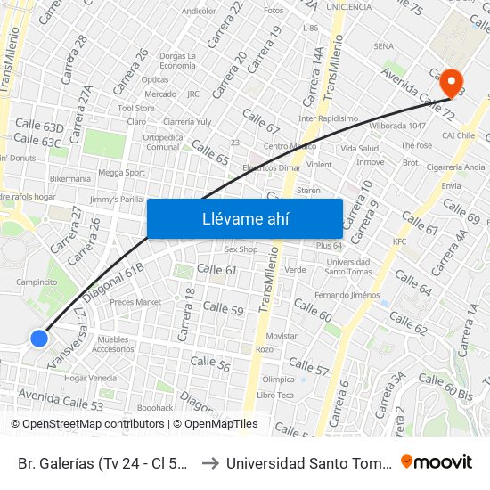 Br. Galerías (Tv 24 - Cl 53b) to Universidad Santo Tomás map