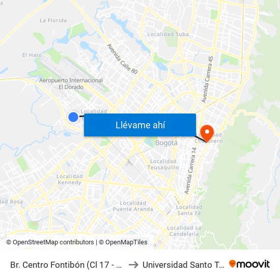 Br. Centro Fontibón (Cl 17 - Ak 100) to Universidad Santo Tomás map