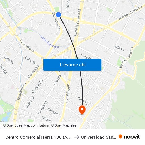 Centro Comercial Iserra 100 (Ac 100 - Tv 55) (A) to Universidad Santo Tomás map