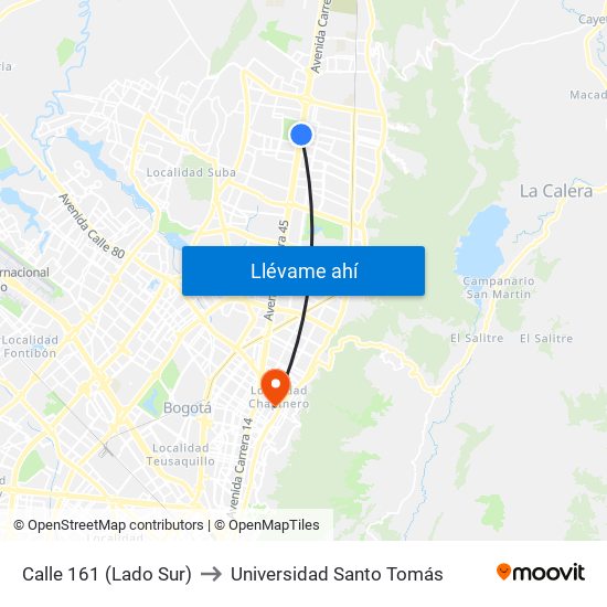 Calle 161 (Lado Sur) to Universidad Santo Tomás map