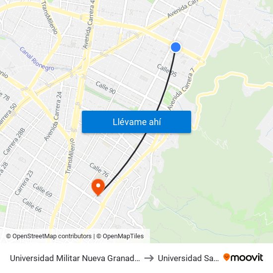 Universidad Militar Nueva Granada (Ac 100 - Kr 10) (A) to Universidad Santo Tomás map