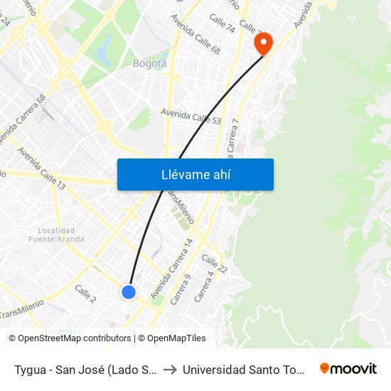 Tygua - San José (Lado Sur) to Universidad Santo Tomás map