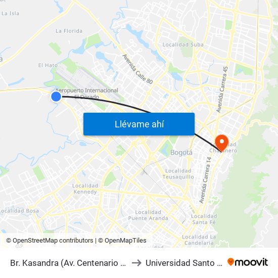 Br. Kasandra (Av. Centenario - Kr 134a) to Universidad Santo Tomás map