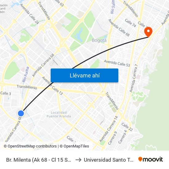Br. Milenta (Ak 68 - Cl 15 Sur) (A) to Universidad Santo Tomás map