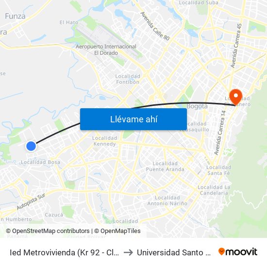 Ied Metrovivienda (Kr 92 - Cl 72 Sur) to Universidad Santo Tomás map