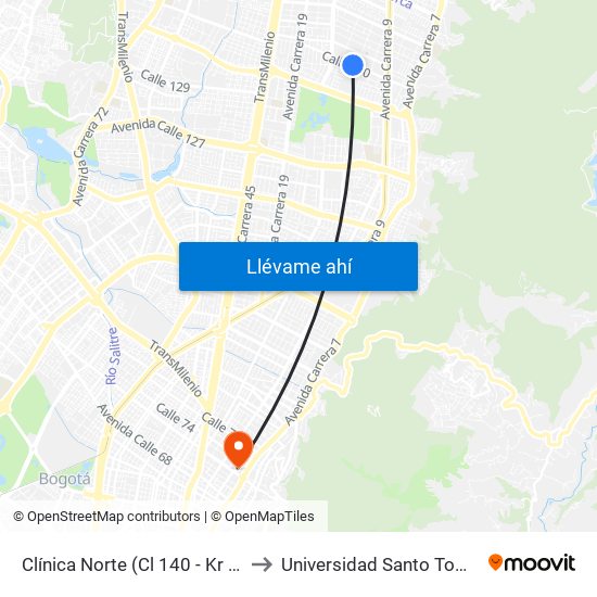 Clínica Norte (Cl 140 - Kr 12) to Universidad Santo Tomás map