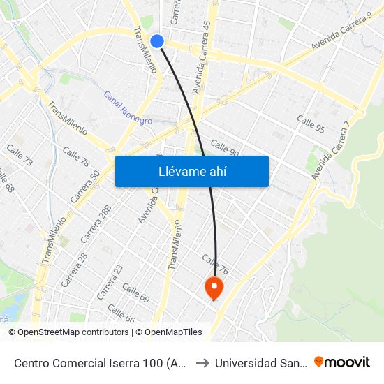 Centro Comercial Iserra 100 (Ac 100 - Kr 54) (B) to Universidad Santo Tomás map