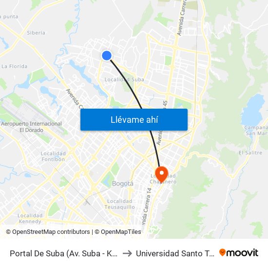 Portal De Suba (Av. Suba - Kr 103c) to Universidad Santo Tomás map