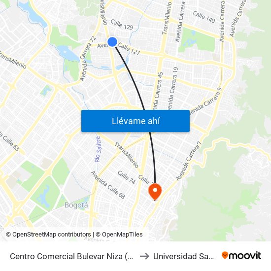 Centro Comercial Bulevar Niza (Ac 127 - Av. Suba) to Universidad Santo Tomás map