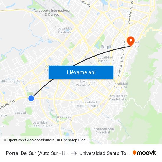 Portal Del Sur (Auto Sur - Kr 74) to Universidad Santo Tomás map