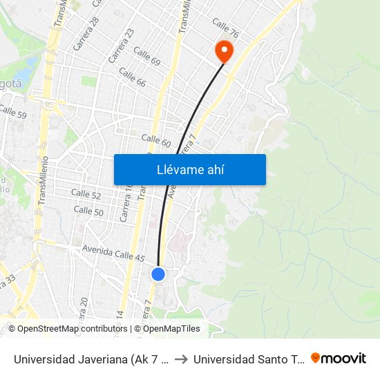 Universidad Javeriana (Ak 7 - Cl 43) to Universidad Santo Tomás map