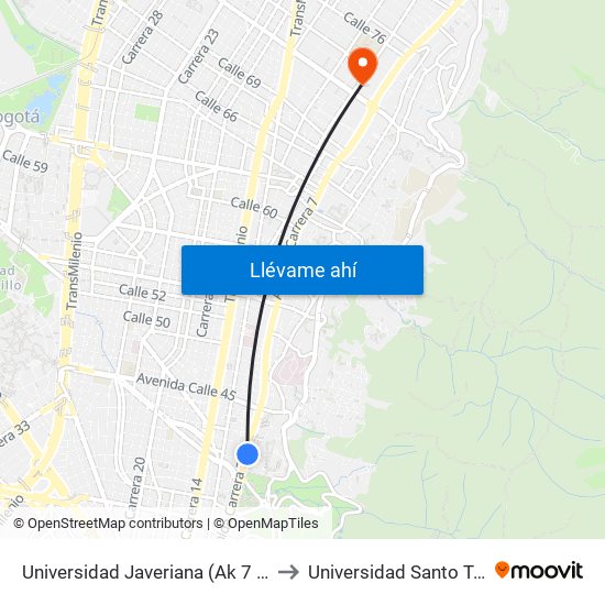 Universidad Javeriana (Ak 7 - Cl 40) to Universidad Santo Tomás map