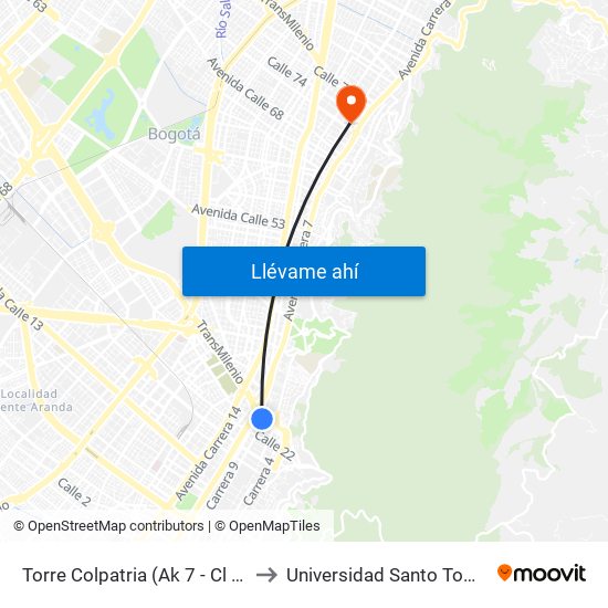 Torre Colpatria (Ak 7 - Cl 24) to Universidad Santo Tomás map