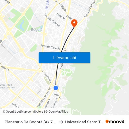 Planetario De Bogotá (Ak 7 - Cl 27) to Universidad Santo Tomás map
