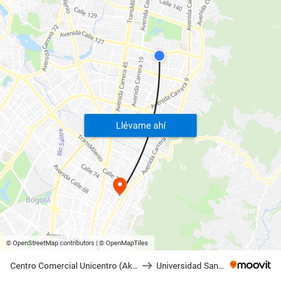 Centro Comercial Unicentro (Ak 15 - Cl 124) (B) to Universidad Santo Tomás map