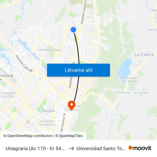 Uniagraria (Ac 170 - Kr 54a) (B) to Universidad Santo Tomás map