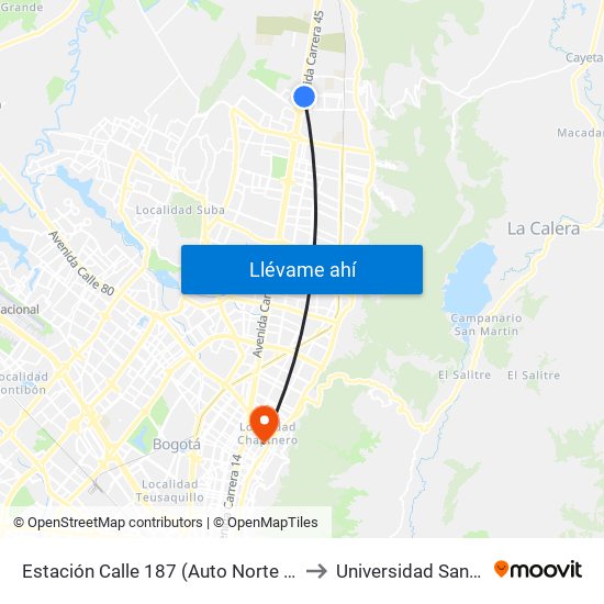 Estación Calle 187 (Auto Norte - Cl 187 Bis) (A) to Universidad Santo Tomás map