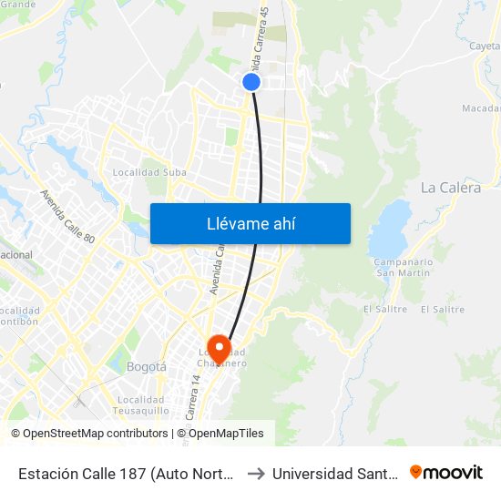 Estación Calle 187 (Auto Norte - Cl 187) (B) to Universidad Santo Tomás map