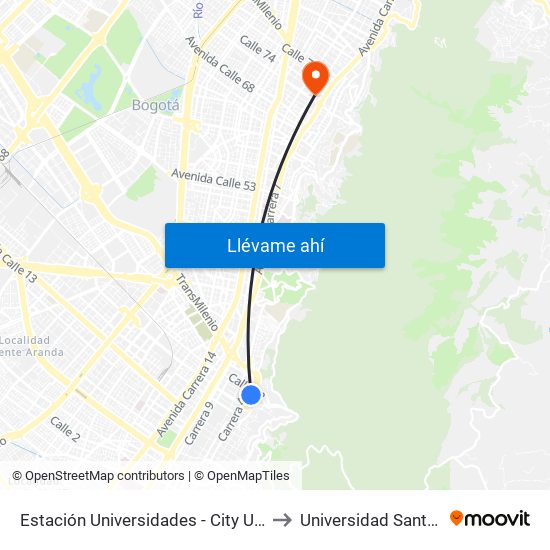 Estación Universidades - City U (Kr 3 - Cl 21) to Universidad Santo Tomás map