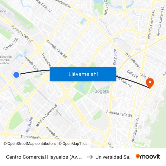 Centro Comercial Hayuelos (Av. C. De Cali - Cl 20) (B) to Universidad Santo Tomás map