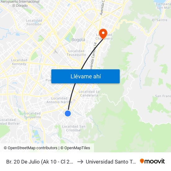 Br. 20 De Julio (Ak 10 - Cl 21a Sur) to Universidad Santo Tomás map