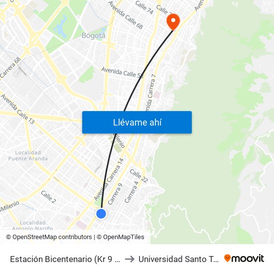 Estación Bicentenario (Kr 9 - Cl 6a) to Universidad Santo Tomás map