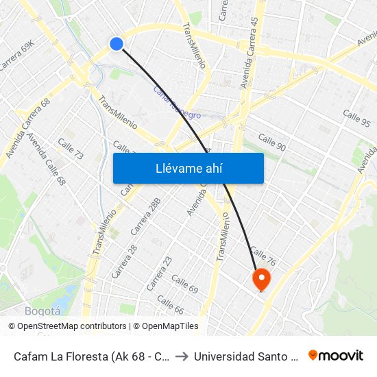 Cafam La Floresta (Ak 68 - Cl 98) (A) to Universidad Santo Tomás map