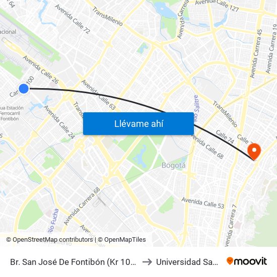 Br. San José De Fontibón (Kr 100 - Av. Esperanza) to Universidad Santo Tomás map