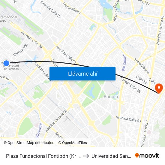 Plaza Fundacional Fontibón (Kr 99 - Cl 18a) (A) to Universidad Santo Tomás map