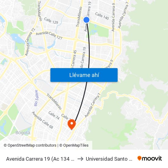 Avenida Carrera 19 (Ac 134 - Ak 19) to Universidad Santo Tomás map