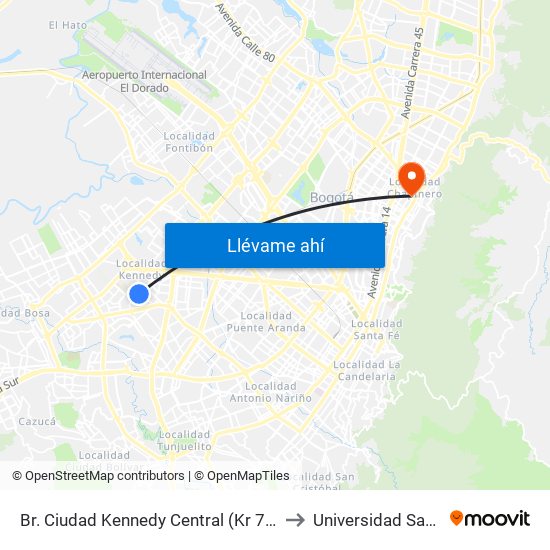 Br. Ciudad Kennedy Central (Kr 78b - Cl 35c Sur) (A) to Universidad Santo Tomás map