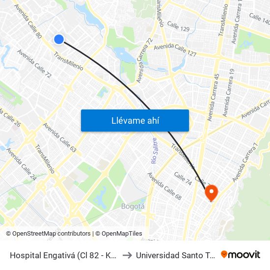 Hospital Engativá (Cl 82 - Kr 100a) to Universidad Santo Tomás map