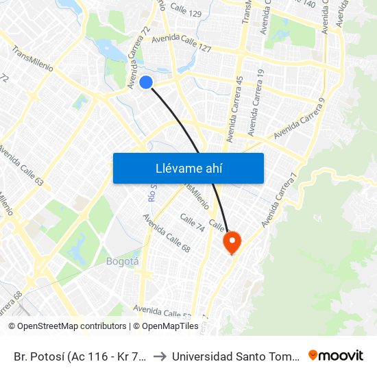 Br. Potosí (Ac 116 - Kr 71) to Universidad Santo Tomás map