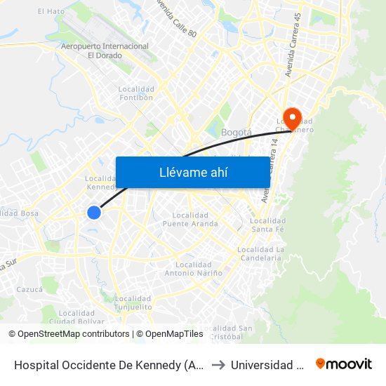 Hospital Occidente De Kennedy (Av. 1 De Mayo - Cl 40 Sur) (A) to Universidad Santo Tomás map
