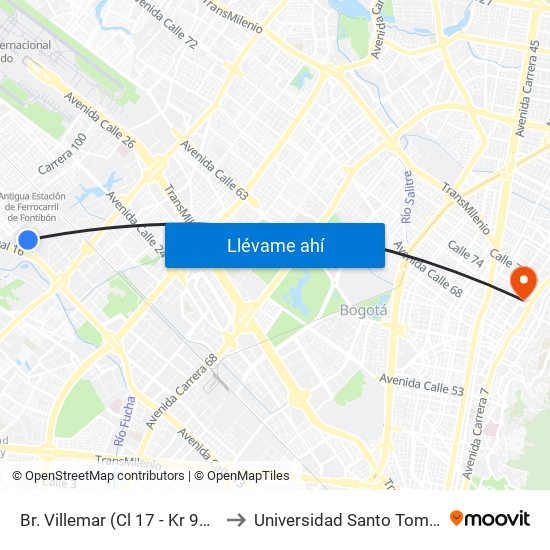 Br. Villemar (Cl 17 - Kr 96b) to Universidad Santo Tomás map