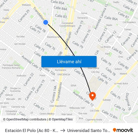 Estación El Polo (Ac 80 - Kr 27) to Universidad Santo Tomás map