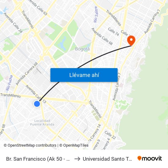 Br. San Francisco (Ak 50 - Tv 48) to Universidad Santo Tomás map